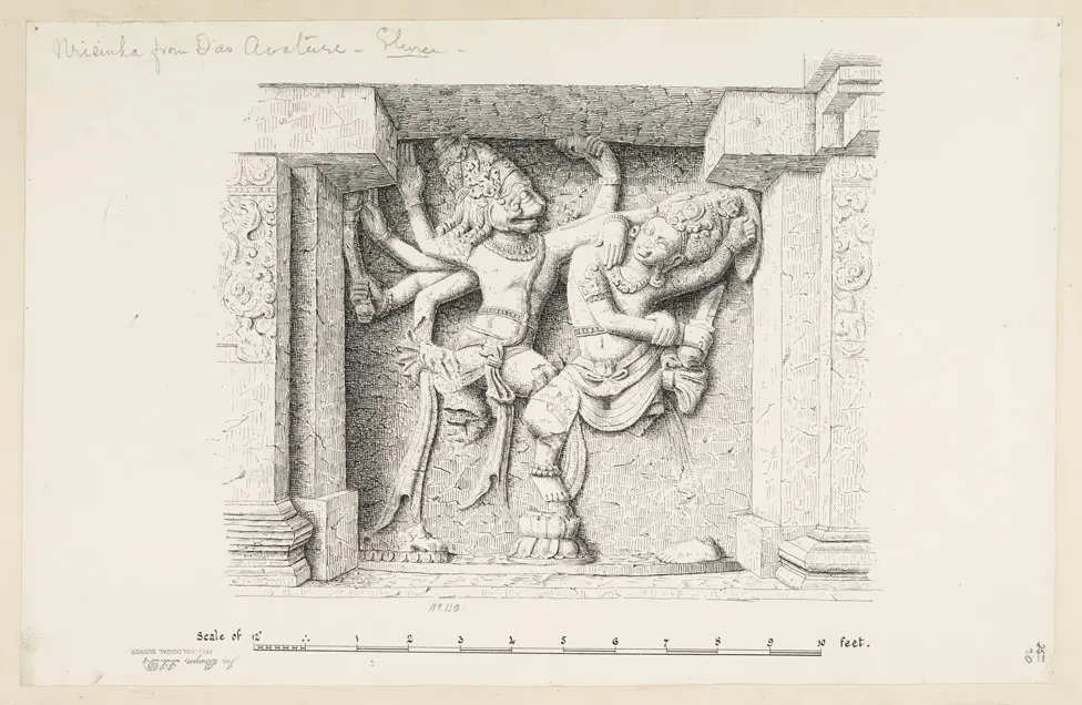 From the source, Illustrations of Narasimha and Hiranyakasipu from Dasavatara Cave, Cave XV, at Ellora from James Burgess. The spectacular s