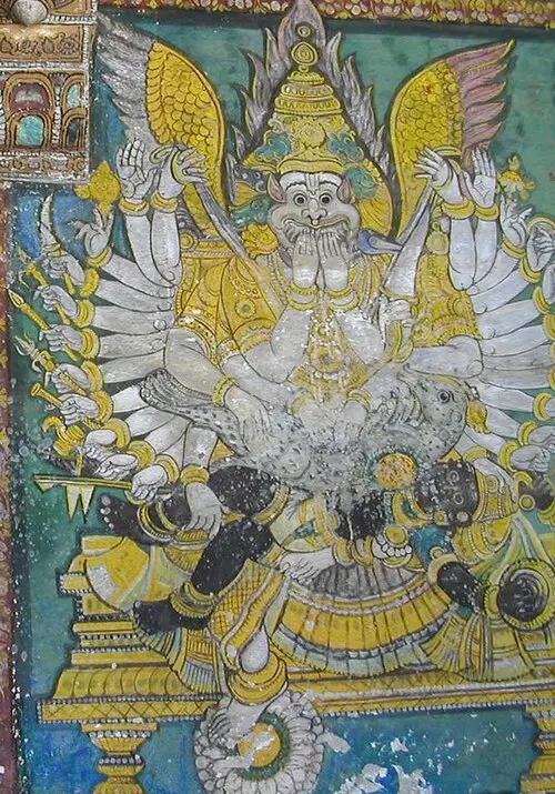 Ashtamukha Gandaberunda Narasimha disemboweling and killing Sharabha and Hiranyakashipu in Srirangam Ranganatha Ranganayaki Temple Tiruchira