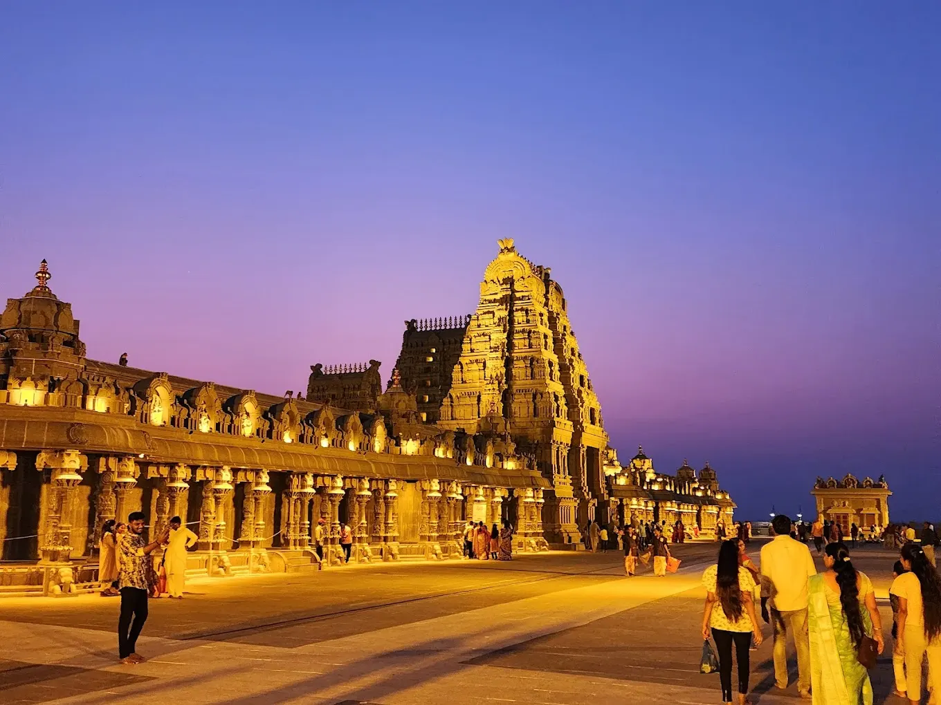 Yadadri Temple on the hilltop, Gopuram, and Prakarams in the early morning. The Temple has seven Gopurams.